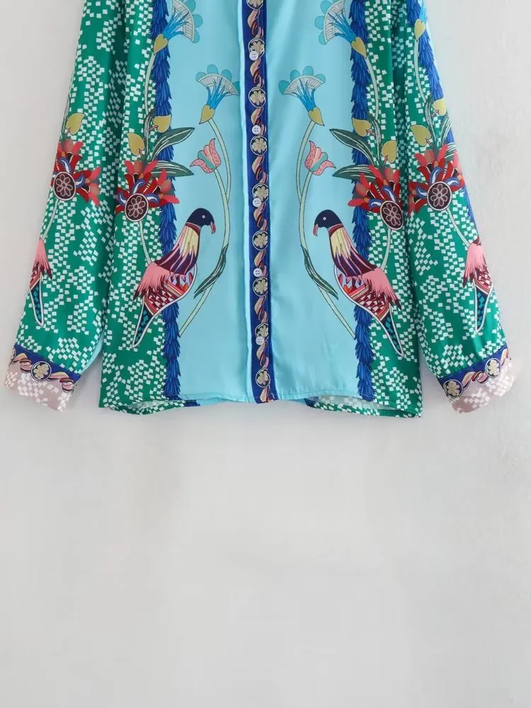 Women's Fashionable Retro Loose Positioning Printed Shirt And Trousers Suit