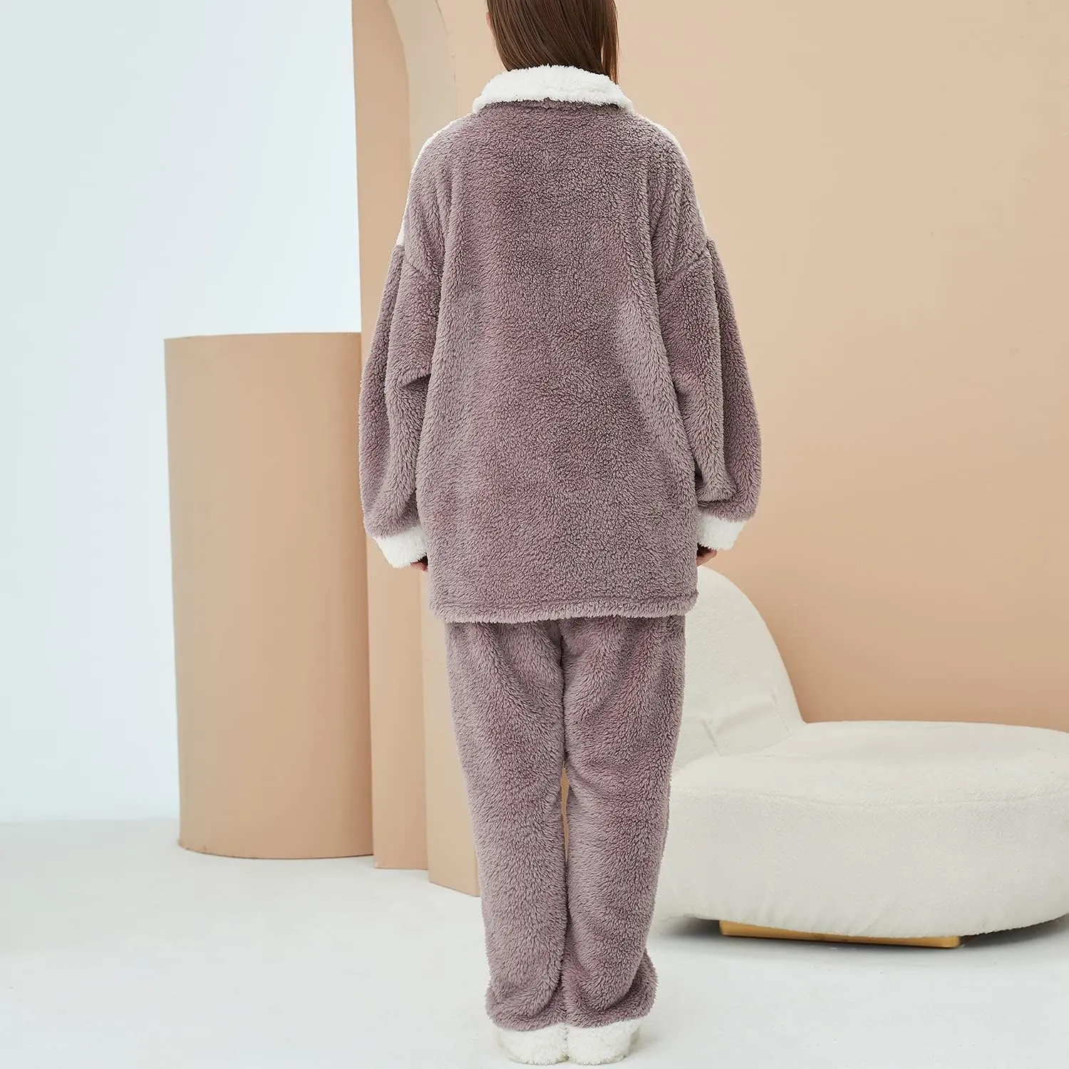 Women's Fuzzy Fleece Pajama Set 2 Piece Chunky Long Sleeve Shirt Pants Cozy Plush Pjs Mock Neck Lounge Set