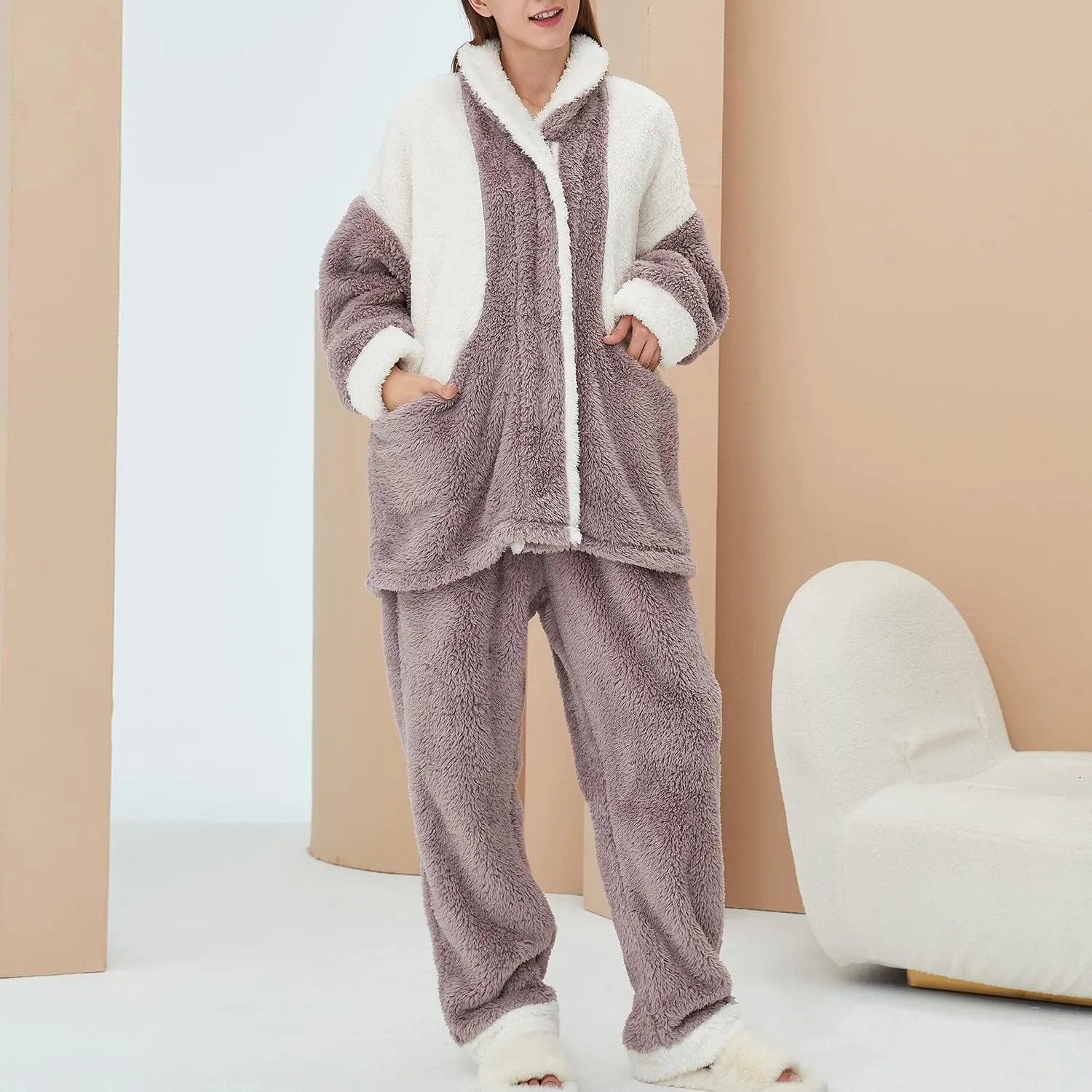 Women's Fuzzy Fleece Pajama Set 2 Piece Chunky Long Sleeve Shirt Pants Cozy Plush Pjs Mock Neck Lounge Set