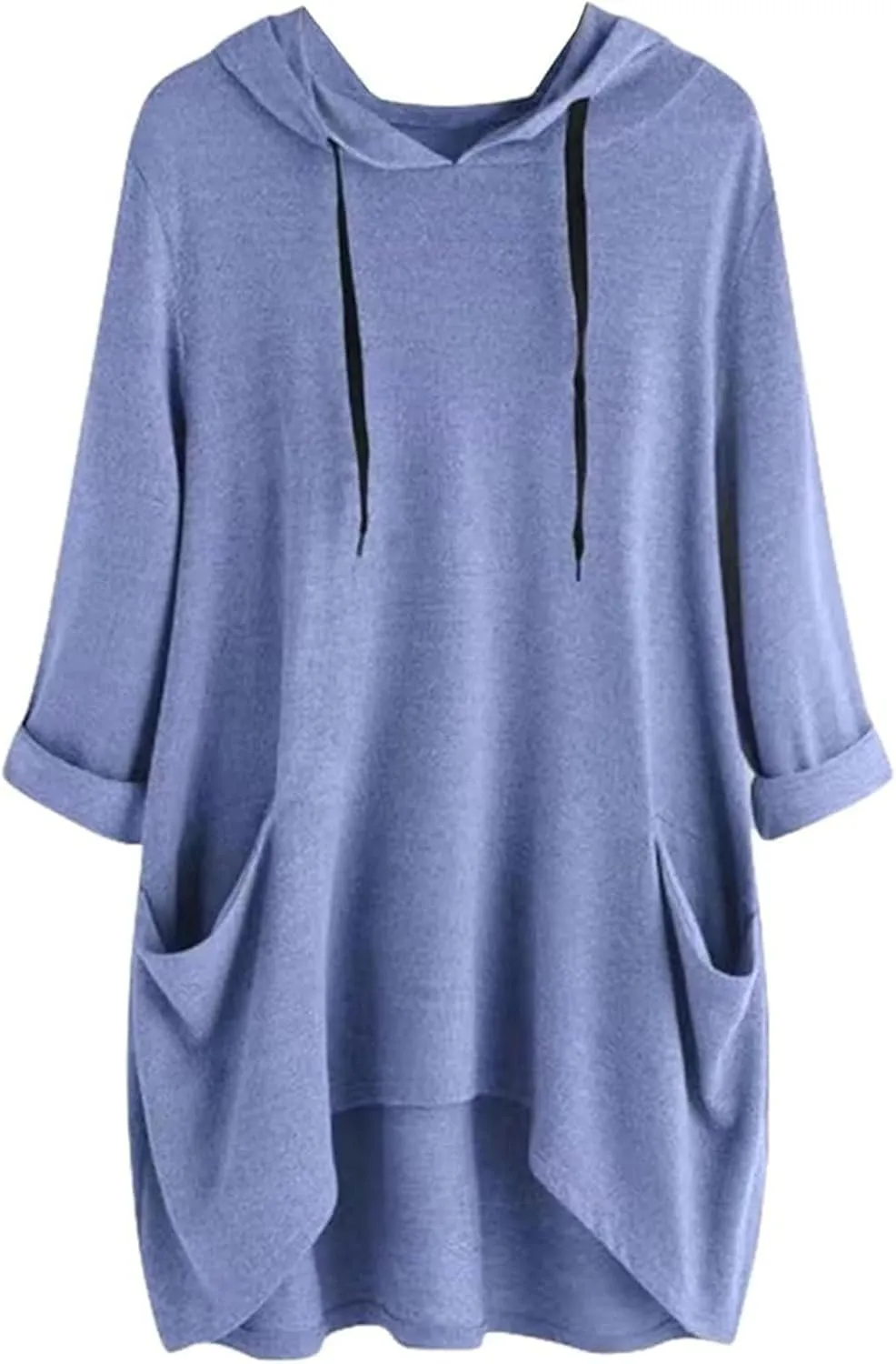 Women's Hooded Solid Color Loose Sweatshirt Irregular Pocket Top, Oversized Ladies Tops Long Sleeve
