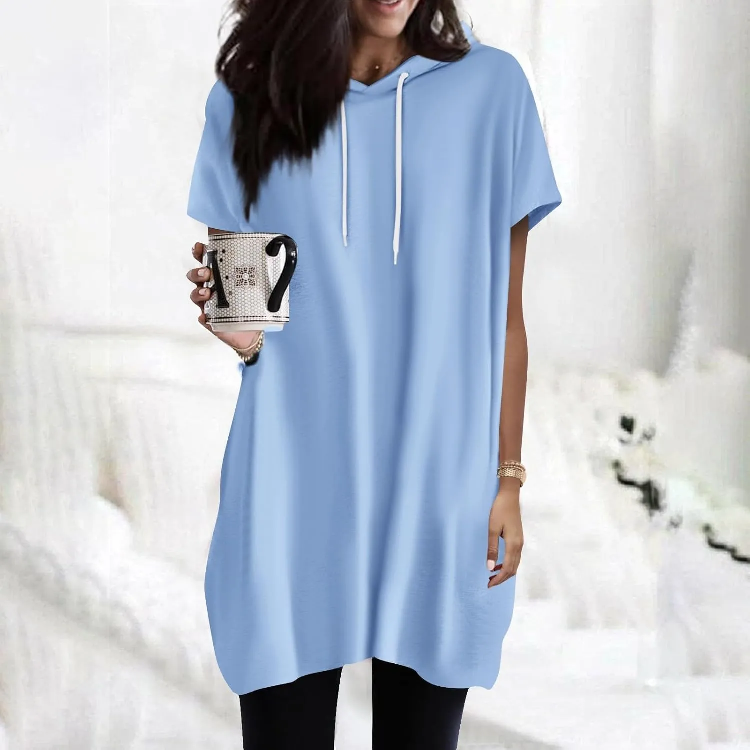 Womens Hooded Tops Casual Loose Fit Short Sleeve Shirts for Leggings Spring Fashion Tunic Tops with Pockets