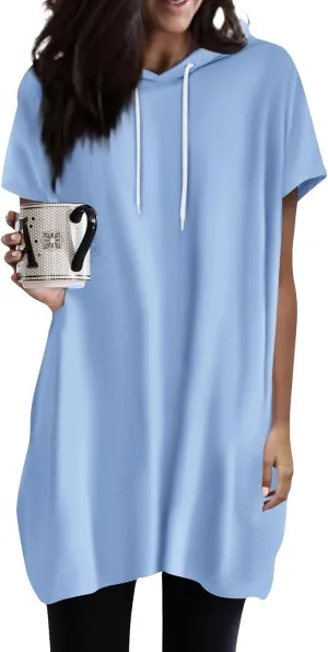 Womens Hooded Tops Casual Loose Fit Short Sleeve Shirts for Leggings Spring Fashion Tunic Tops with Pockets