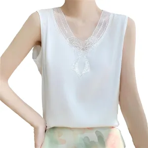 Women's Lace Trim Sequin Tank Top Summer Breathable Sleeveless V-Neck Vest Casual Loose Fit Undershirt for Lounge Wear
