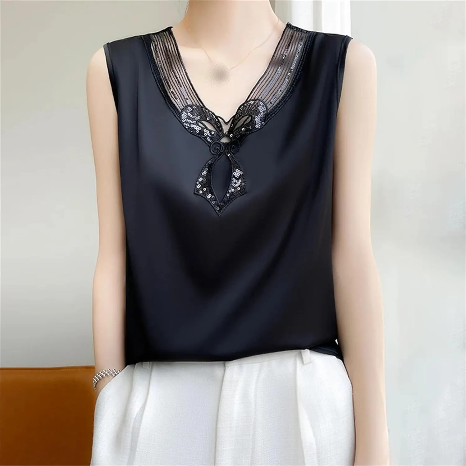 Women's Lace Trim Sequin Tank Top Summer Breathable Sleeveless V-Neck Vest Casual Loose Fit Undershirt for Lounge Wear