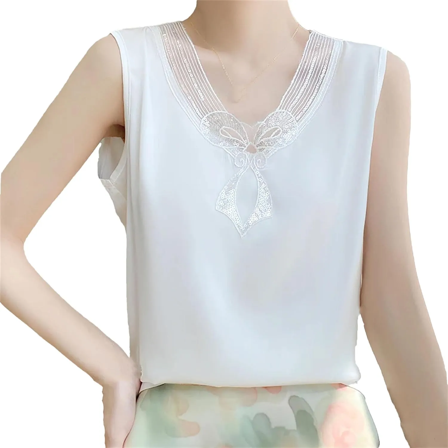 Women's Lace Trim Sequin Tank Top Summer Breathable Sleeveless V-Neck Vest Casual Loose Fit Undershirt for Lounge Wear
