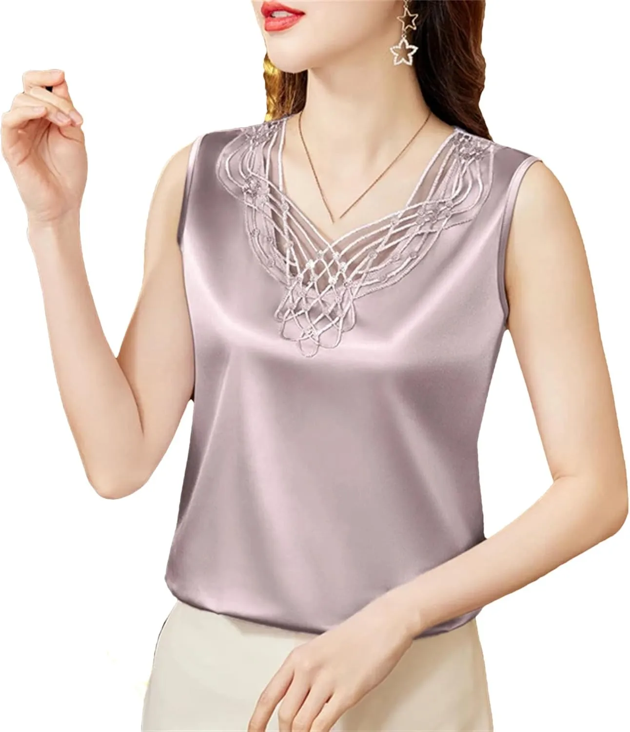 Women's Lightweight Satin Tank Top & Camisole Sexy Beaded Lace Trim V-Neck Vest Summer Breathable Sleeveless Work Blouse
