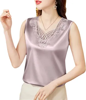 Women's Lightweight Satin Tank Top & Camisole Sexy Beaded Lace Trim V-Neck Vest Summer Breathable Sleeveless Work Blouse
