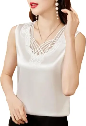 Women's Lightweight Satin Tank Top & Camisole Sexy Beaded Lace Trim V-Neck Vest Summer Breathable Sleeveless Work Blouse
