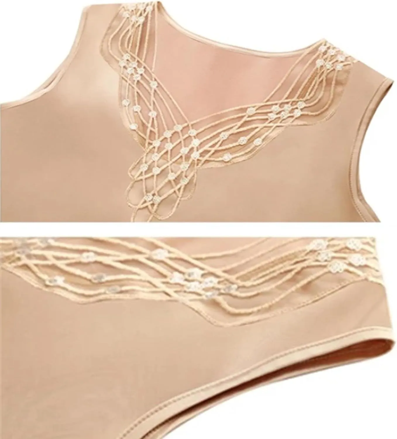 Women's Lightweight Satin Tank Top & Camisole Sexy Beaded Lace Trim V-Neck Vest Summer Breathable Sleeveless Work Blouse