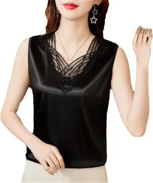 Women's Lightweight Satin Tank Top & Camisole Sexy Beaded Lace Trim V-Neck Vest Summer Breathable Sleeveless Work Blouse