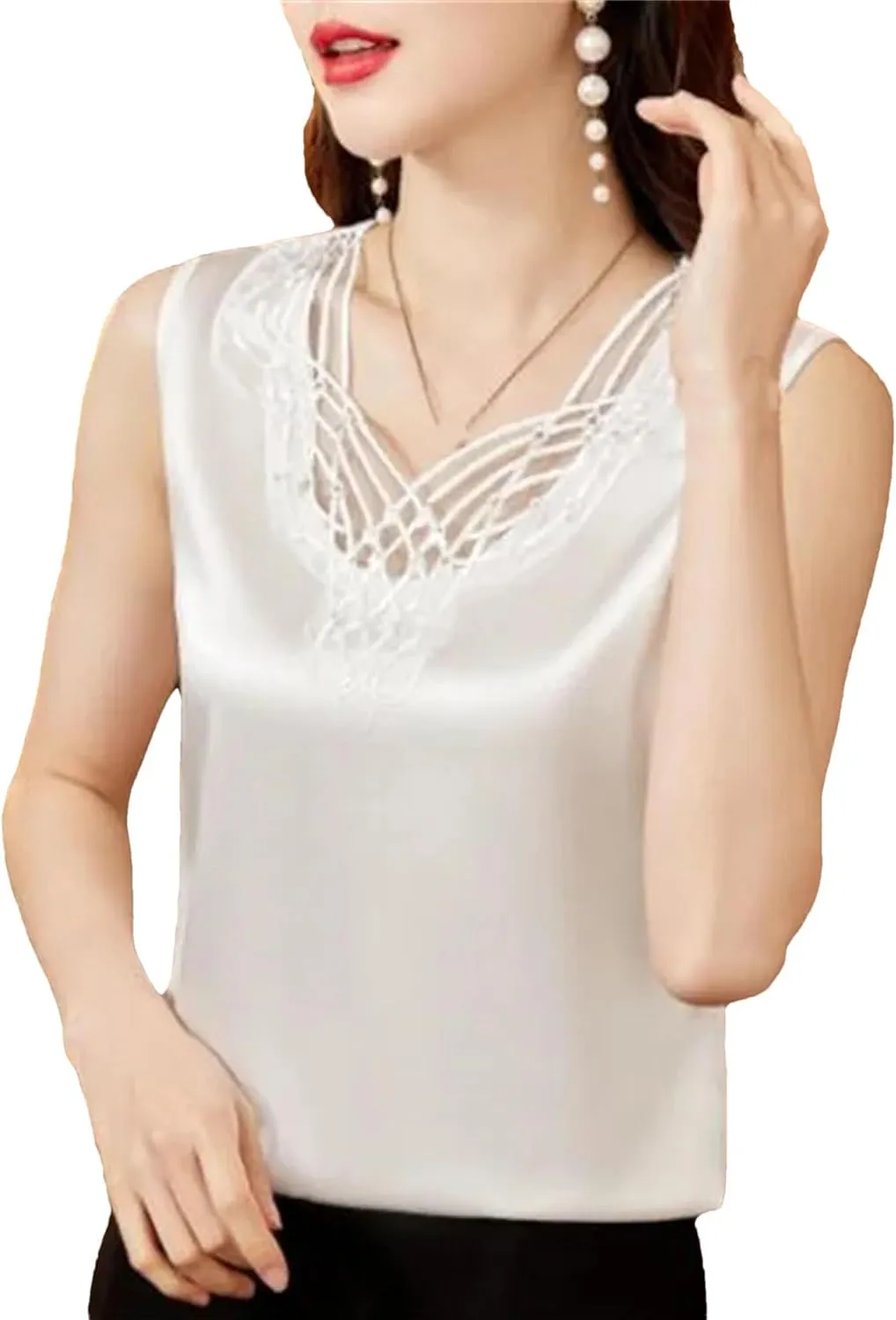 Women's Lightweight Satin Tank Top & Camisole Sexy Beaded Lace Trim V-Neck Vest Summer Breathable Sleeveless Work Blouse