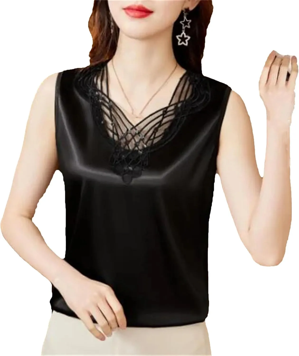 Women's Lightweight Satin Tank Top & Camisole Sexy Beaded Lace Trim V-Neck Vest Summer Breathable Sleeveless Work Blouse