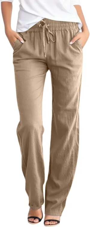 Womens Linen Pants Straight Leg High Waist Casual Pants Loose Fit Yoga Pants Summer Lightweight Trousers with Pockets