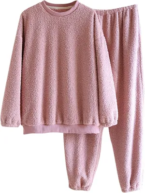 Women's Long Sleeve Pajama Set 2 Piece Casual Pajamas Sets Warm Loungewear Cozy Sleepwear Fleece Shirt and Pants