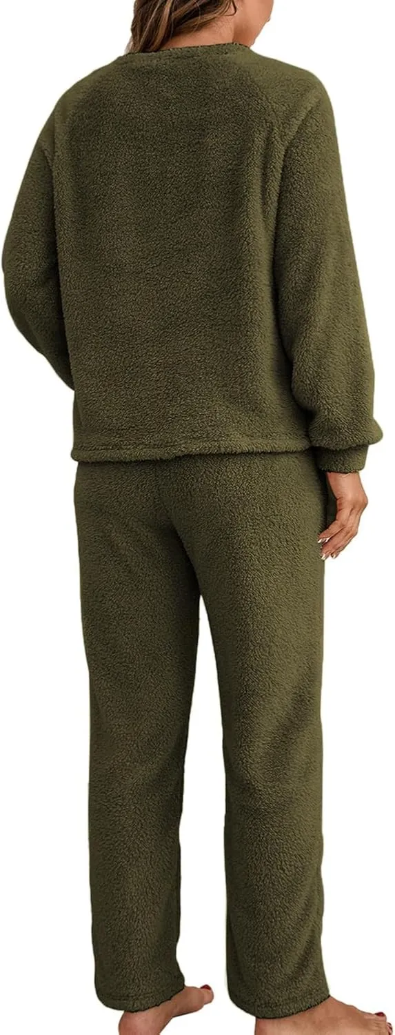 Women's Long Sleeve Pajama Set 2 Piece Sherpa Fleece Pullover Shirt and Pants Outfit Warm Loungewear Cozy Sleepwear
