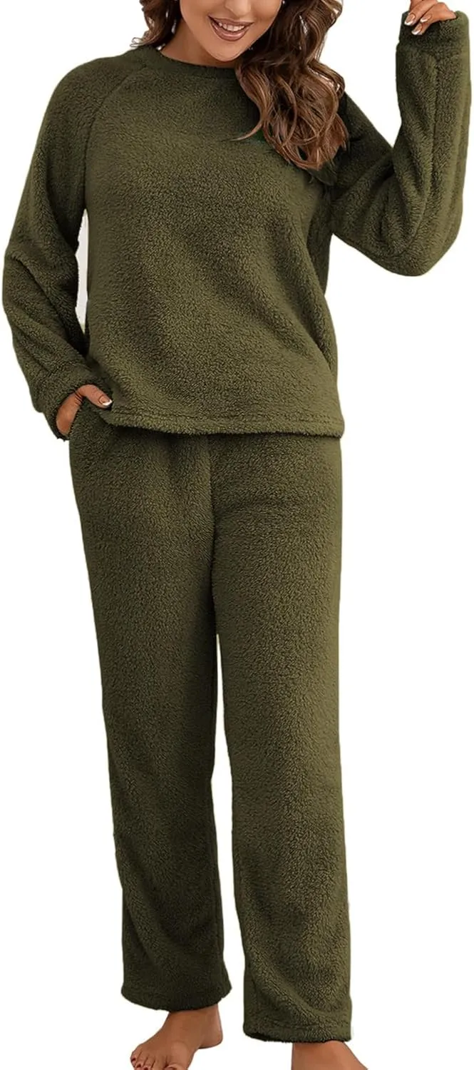 Women's Long Sleeve Pajama Set 2 Piece Sherpa Fleece Pullover Shirt and Pants Outfit Warm Loungewear Cozy Sleepwear