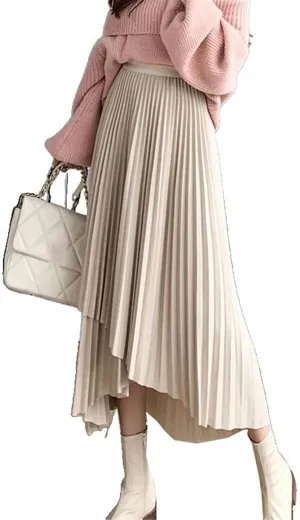 Women's Midi Pleated Skirts Asymmetrical Slim Elastic Waist Vintage Korean A-Line Black Chic