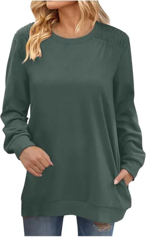 Womens Oversized Crewneck Sweatshirt Pleated Long Sleeve Tunic Tops Loose Fit Pullover Top Fall Clothes with Pockets