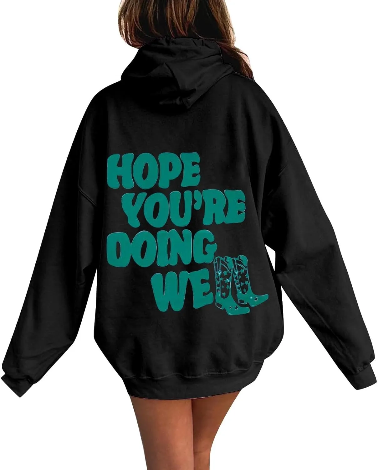 Women's Oversized Hoodie Slogan Letter Graphic Long Sleeve Preppy Sweatshirt Aesthetic Pullover with Pockets