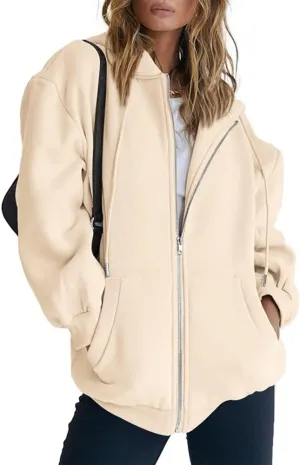 Womens Oversized Zip Up Hoodies Loose Long Sleeve Zipper Hooded Sweatshirt Casual Solid Jackets with Pockets