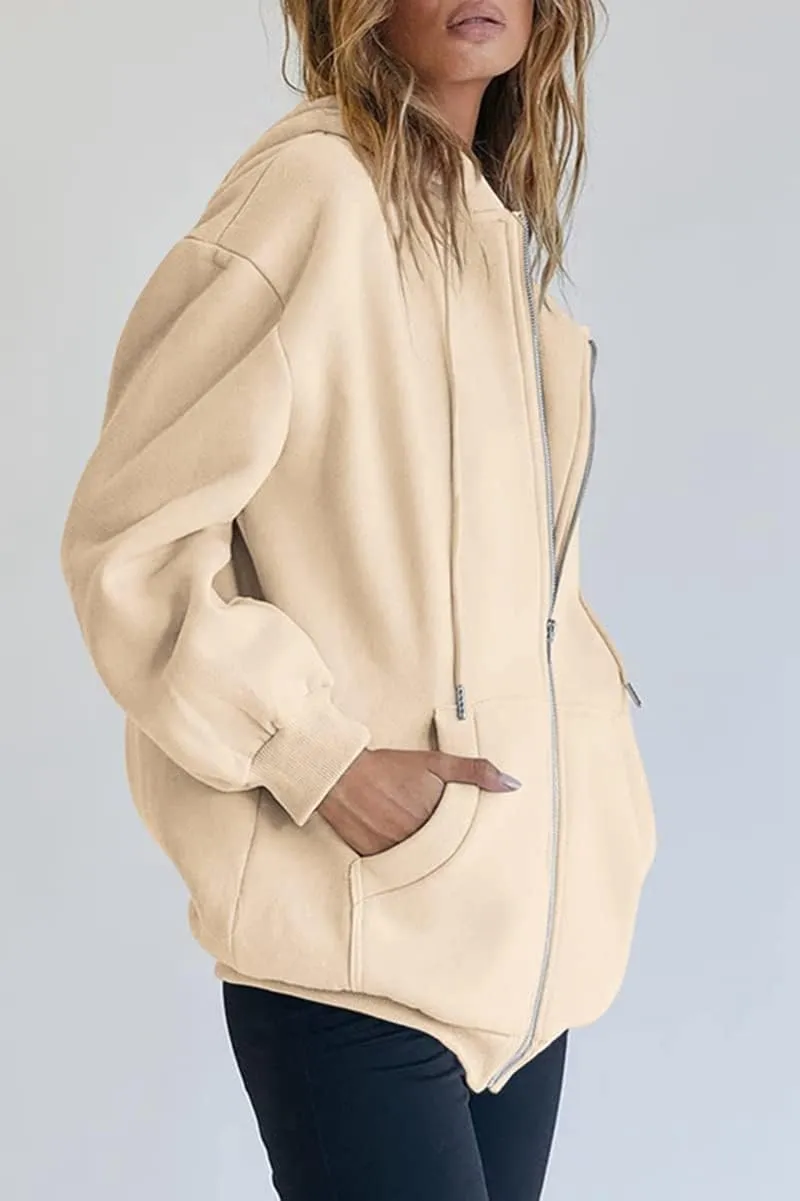 Womens Oversized Zip Up Hoodies Loose Long Sleeve Zipper Hooded Sweatshirt Casual Solid Jackets with Pockets