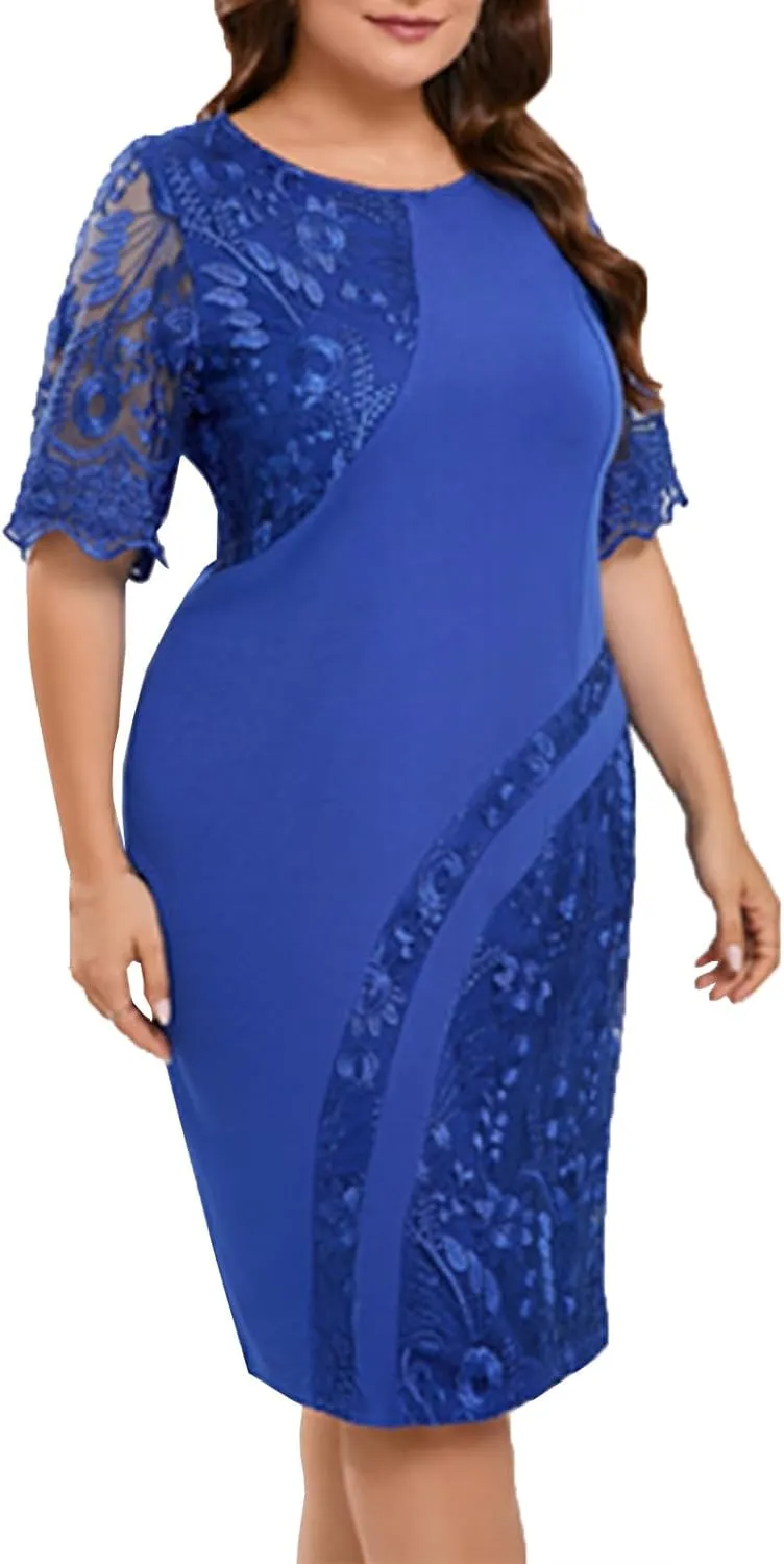 Womens Plus Size Cocktail Dresses for Curvy Short Sleeve Elegant Lace Evening Gowns Formal Mother of The Bride Dress