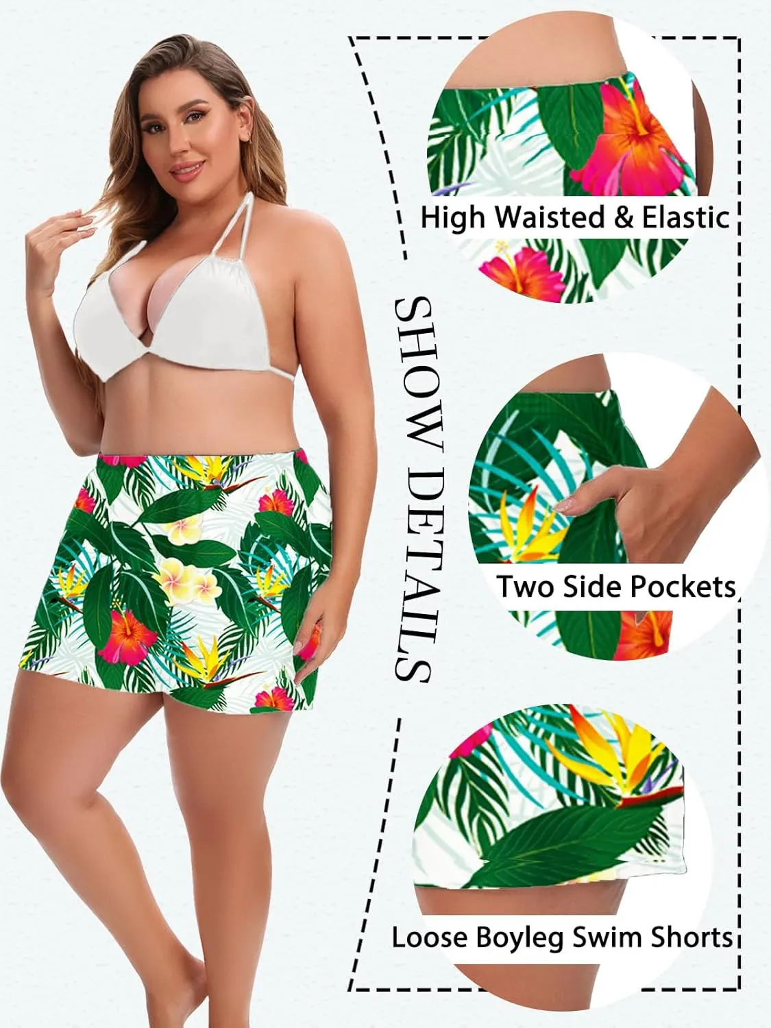 Women's Plus Size Swim Shorts High Waisted Bathing Suit Bottoms Long Swimsuit Board Short Tankini Trunks with Pocket