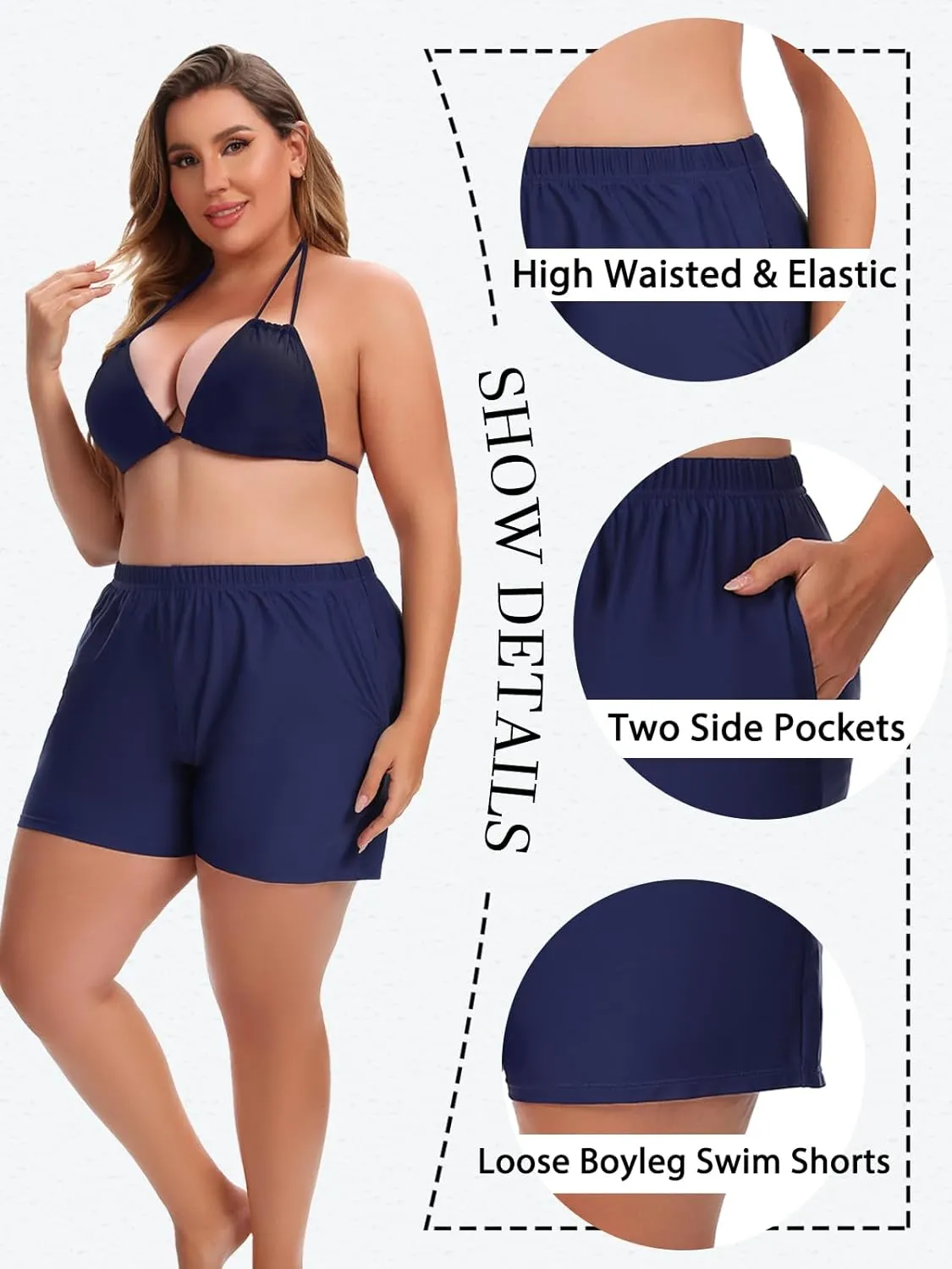 Women's Plus Size Swim Shorts High Waisted Bathing Suit Bottoms Long Swimsuit Board Short Tankini Trunks with Pocket