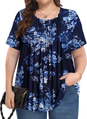 Womens Plus Size Tops Summer Shirts Tunic Short Sleeve Crew Neck Loose Fit Blouse 1X-5X