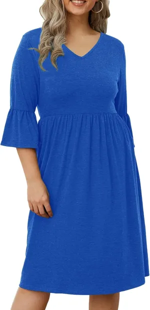 Women's Plus Size V Neck Dress 3/4 Sleeve Casual Empire Waist Ruffled Swing Midi Dress XL-5XL
