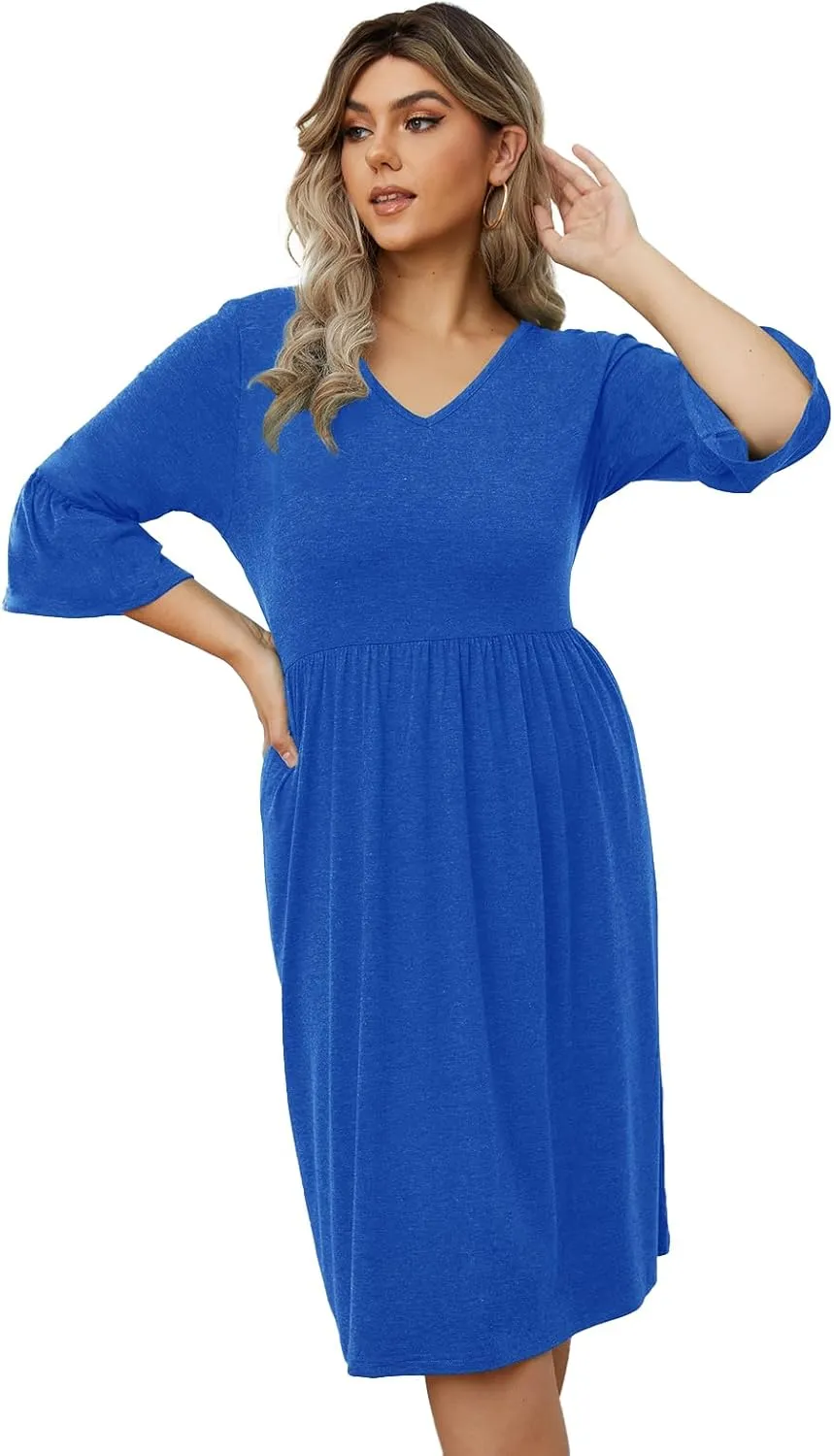 Women's Plus Size V Neck Dress 3/4 Sleeve Casual Empire Waist Ruffled Swing Midi Dress XL-5XL