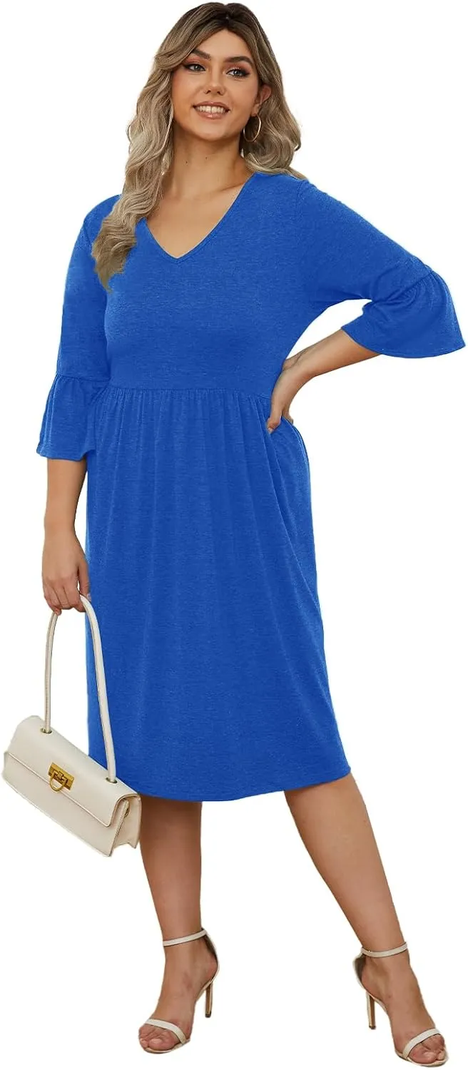 Women's Plus Size V Neck Dress 3/4 Sleeve Casual Empire Waist Ruffled Swing Midi Dress XL-5XL