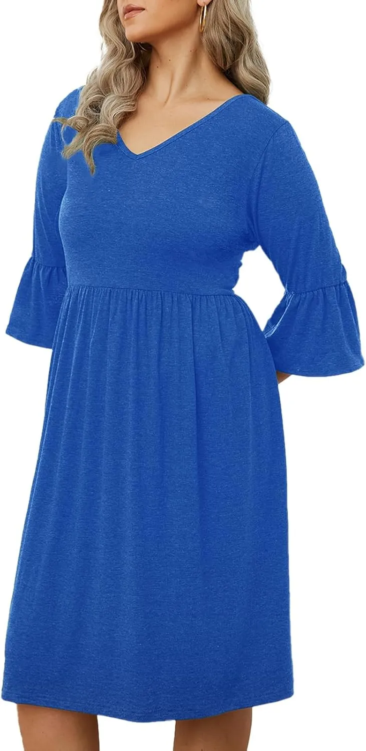 Women's Plus Size V Neck Dress 3/4 Sleeve Casual Empire Waist Ruffled Swing Midi Dress XL-5XL