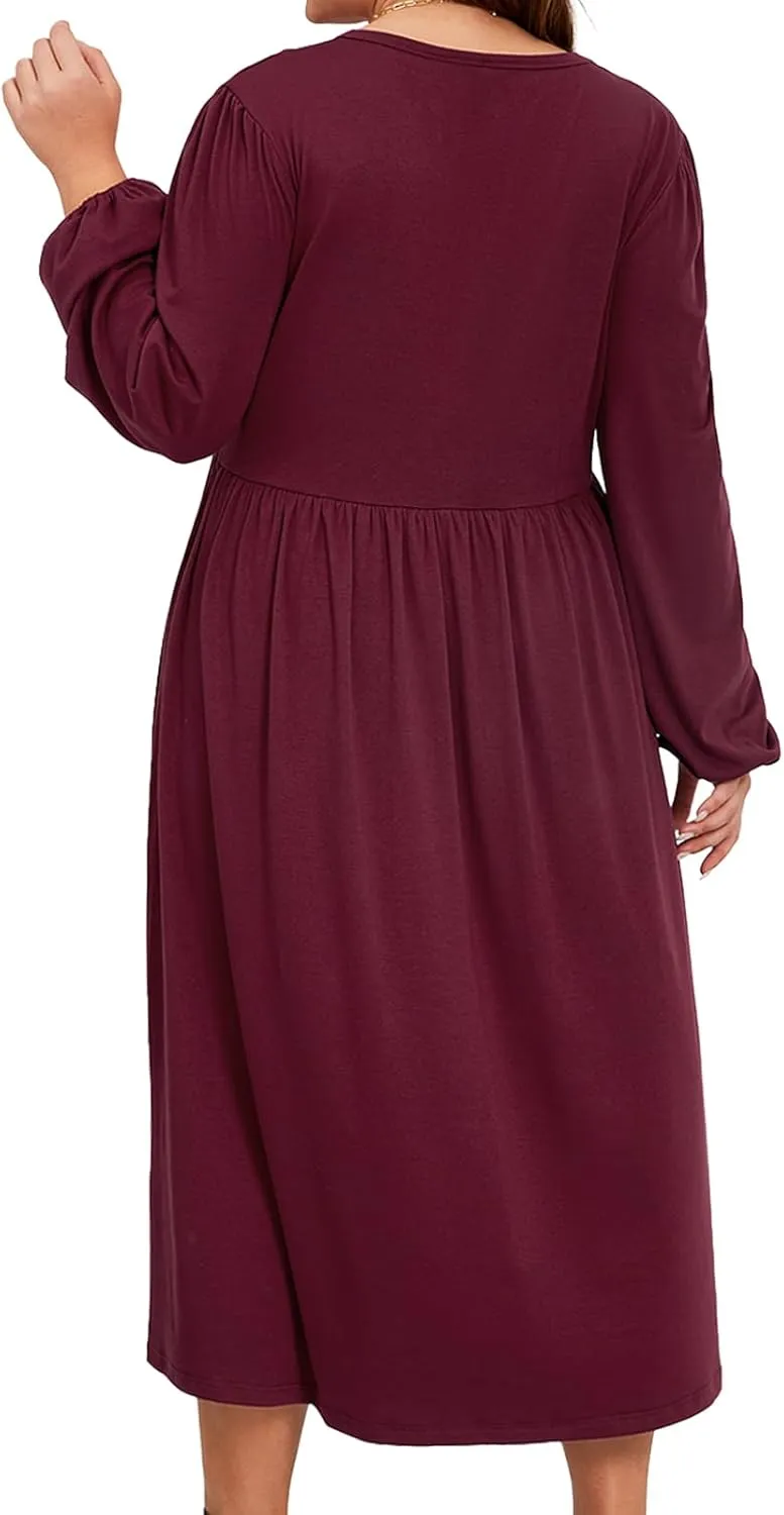 Women's Plus Size V Neck Dress Long Sleeve Casual Swing Loose Empire Waist Midi Dress