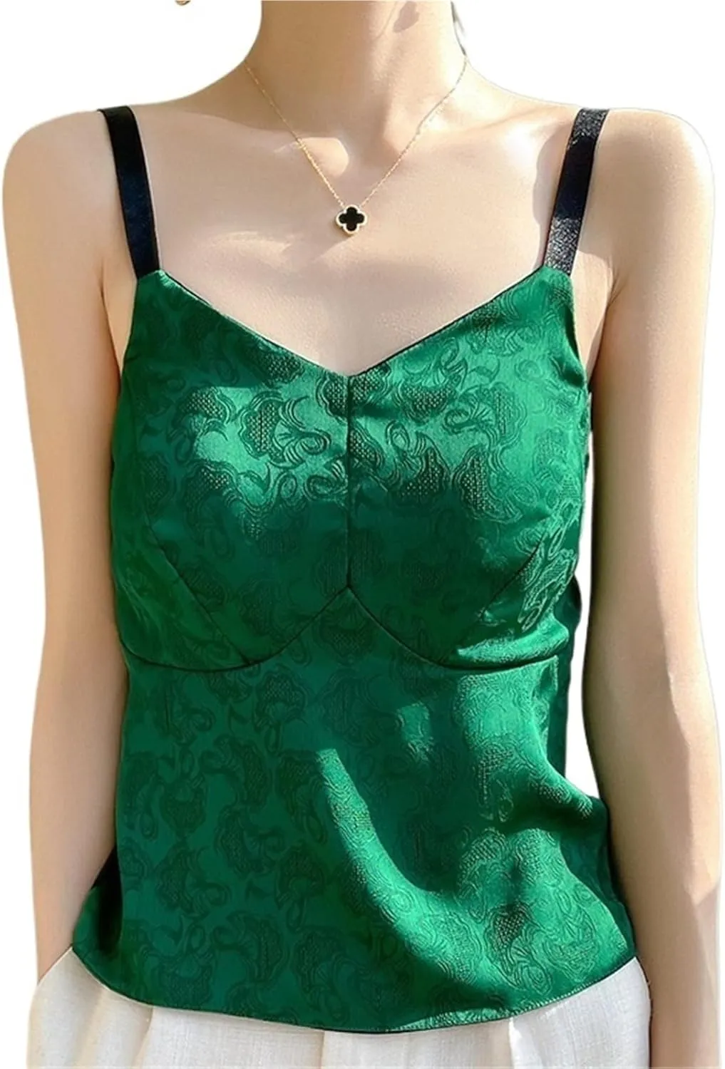 Women's Satin Textured Camisole Acetate Built-in Bra 3D Floral Irregular Cut Workwear Top