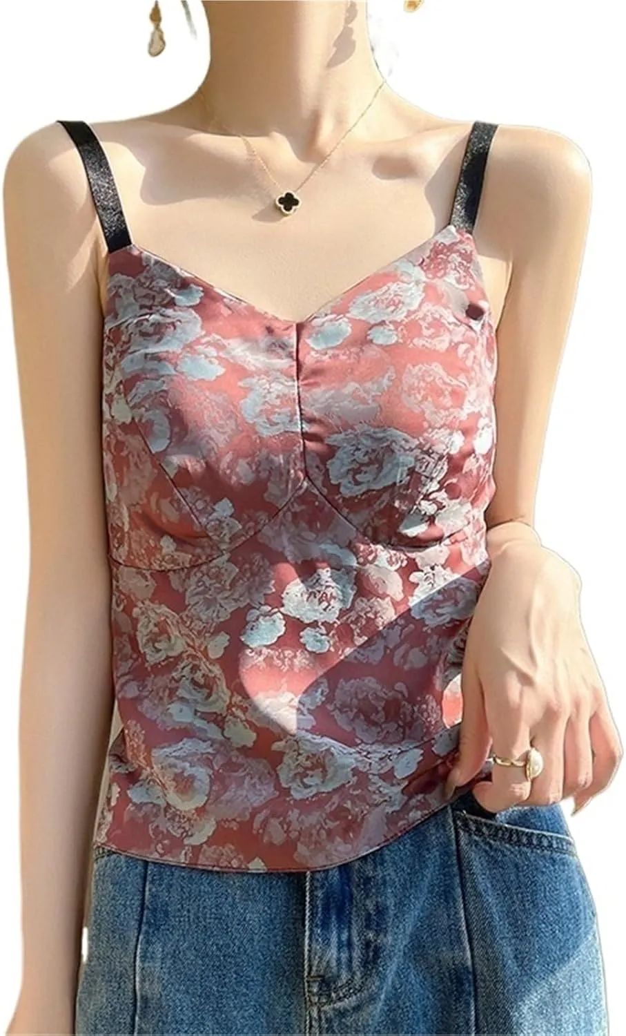 Women's Satin Textured Camisole Acetate Built-in Bra 3D Floral Irregular Cut Workwear Top