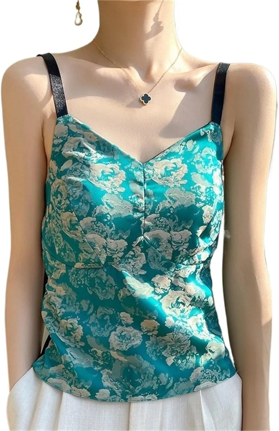 Women's Satin Textured Camisole Acetate Built-in Bra 3D Floral Irregular Cut Workwear Top