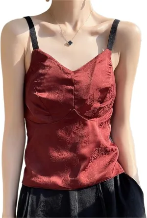 Women's Satin Textured Camisole Acetate Built-in Bra 3D Floral Irregular Cut Workwear Top