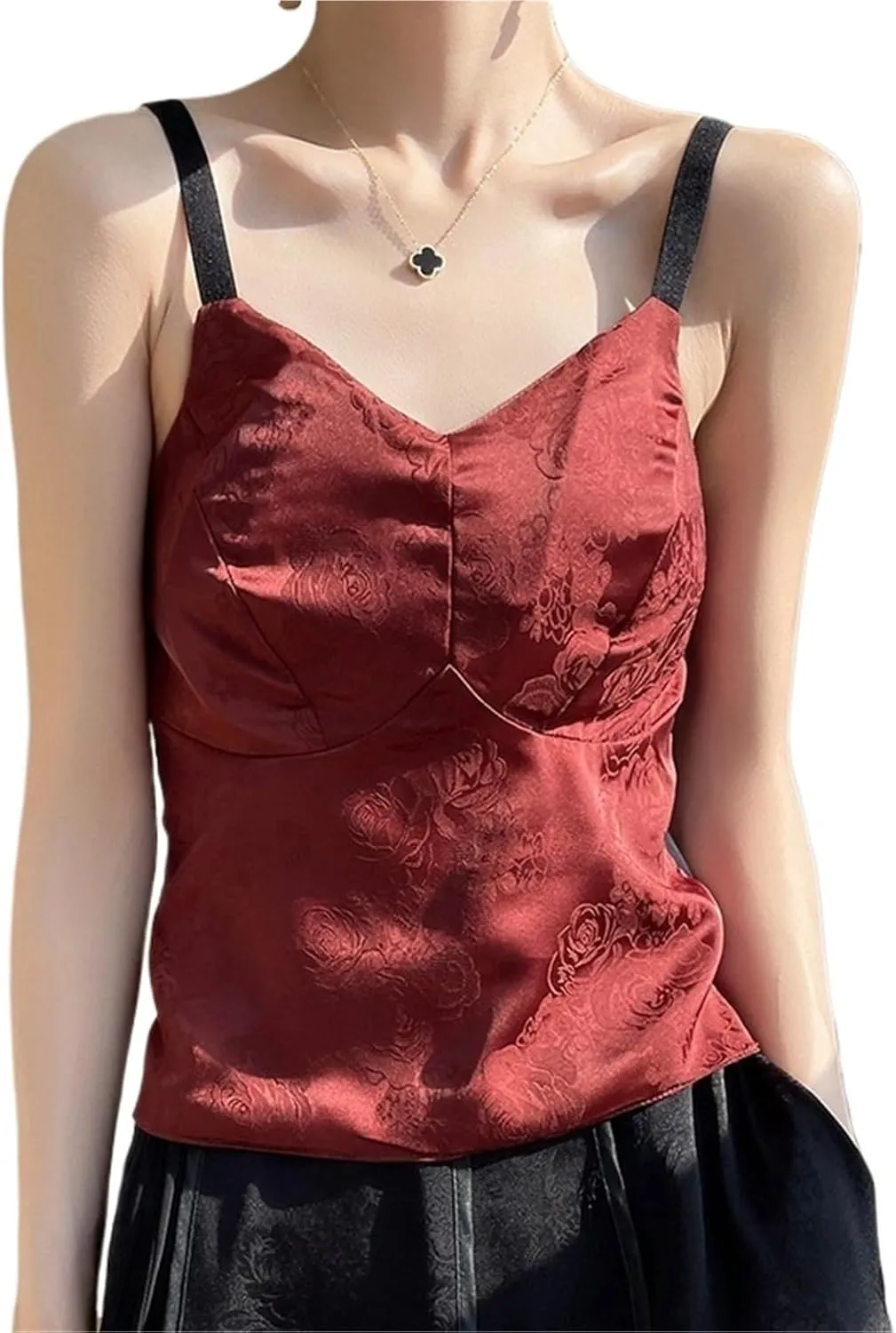 Women's Satin Textured Camisole Acetate Built-in Bra 3D Floral Irregular Cut Workwear Top
