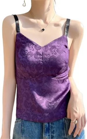 Women's Satin Textured Camisole Acetate Built-in Bra 3D Floral Irregular Cut Workwear Top