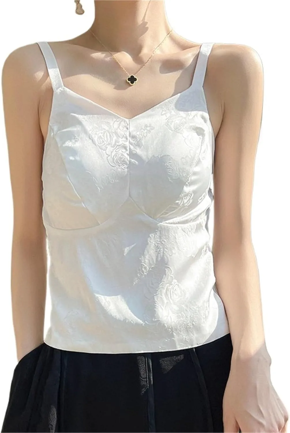 Women's Satin Textured Camisole Acetate Built-in Bra 3D Floral Irregular Cut Workwear Top