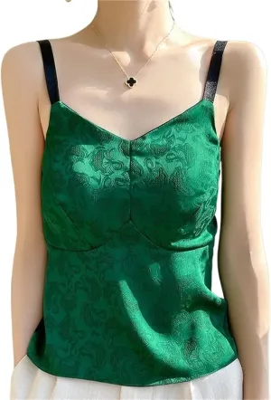 Women's Satin Textured Camisole Acetate Built-in Bra 3D Floral Irregular Cut Workwear Top