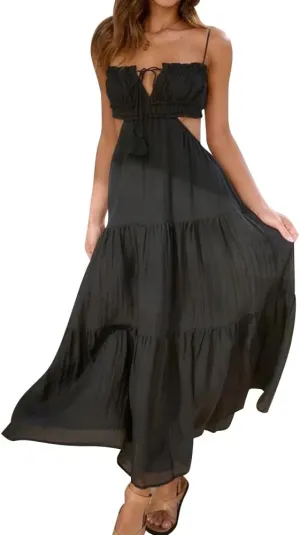 Women's Sexy Spaghetti Strap Maxi Dress Summer Sleeveless Side Cut Out Dress Casual Boho Backless Flowy Long Dresses