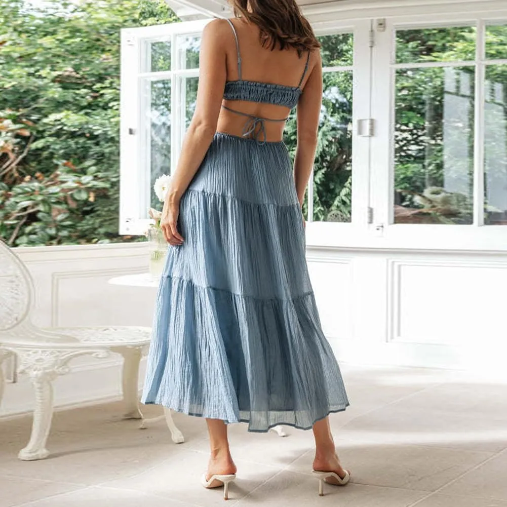 Women's Sexy Spaghetti Strap Maxi Dress Summer Sleeveless Side Cut Out Dress Casual Boho Backless Flowy Long Dresses