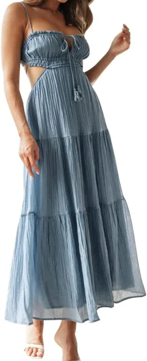 Women's Sexy Spaghetti Strap Maxi Dress Summer Sleeveless Side Cut Out Dress Casual Boho Backless Flowy Long Dresses