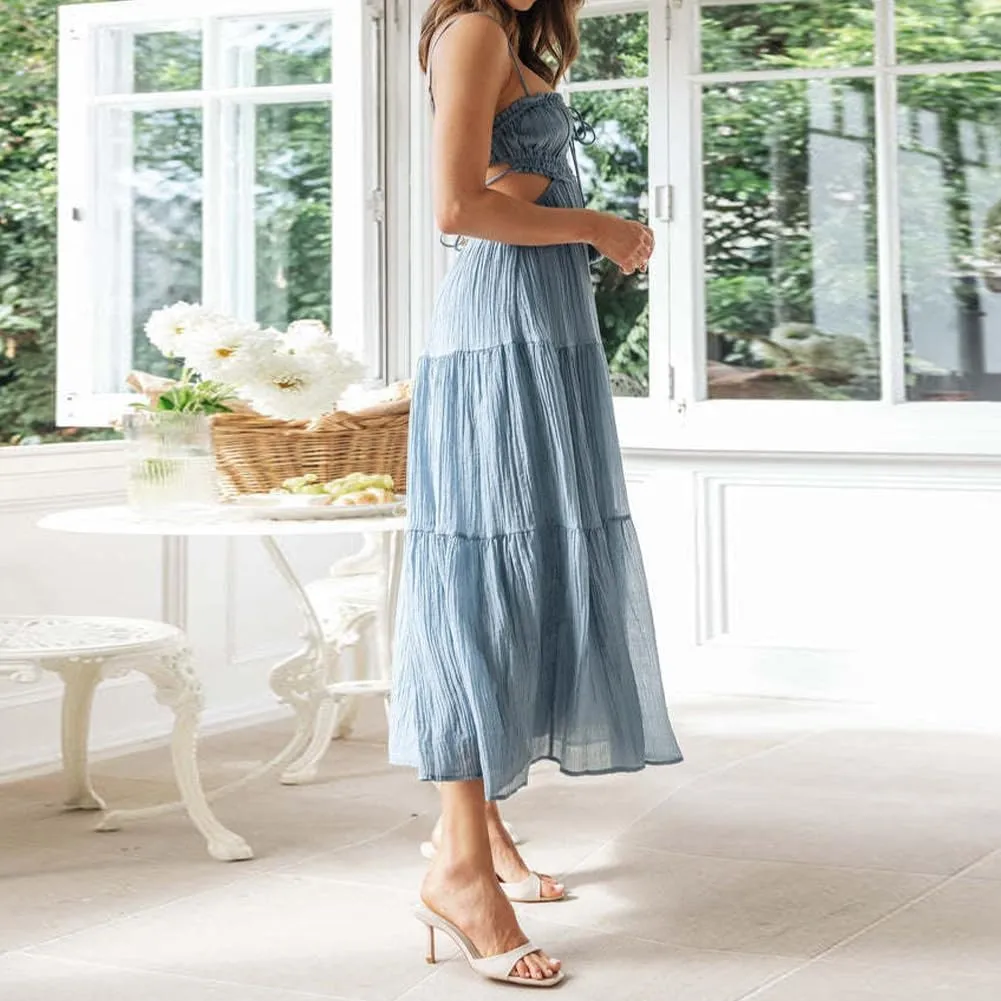 Women's Sexy Spaghetti Strap Maxi Dress Summer Sleeveless Side Cut Out Dress Casual Boho Backless Flowy Long Dresses