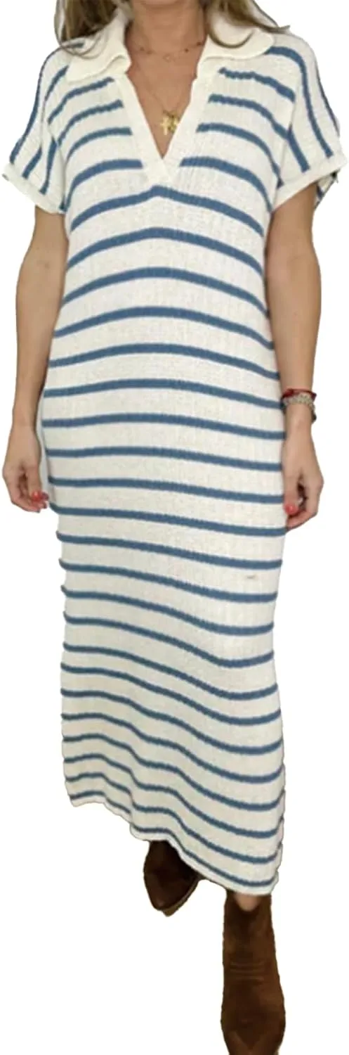 Womens Striped Dresses Short Sleeve V Neck Knit Collared Sexy Slit Loose Maxi Summer Sweater Dress Vacation