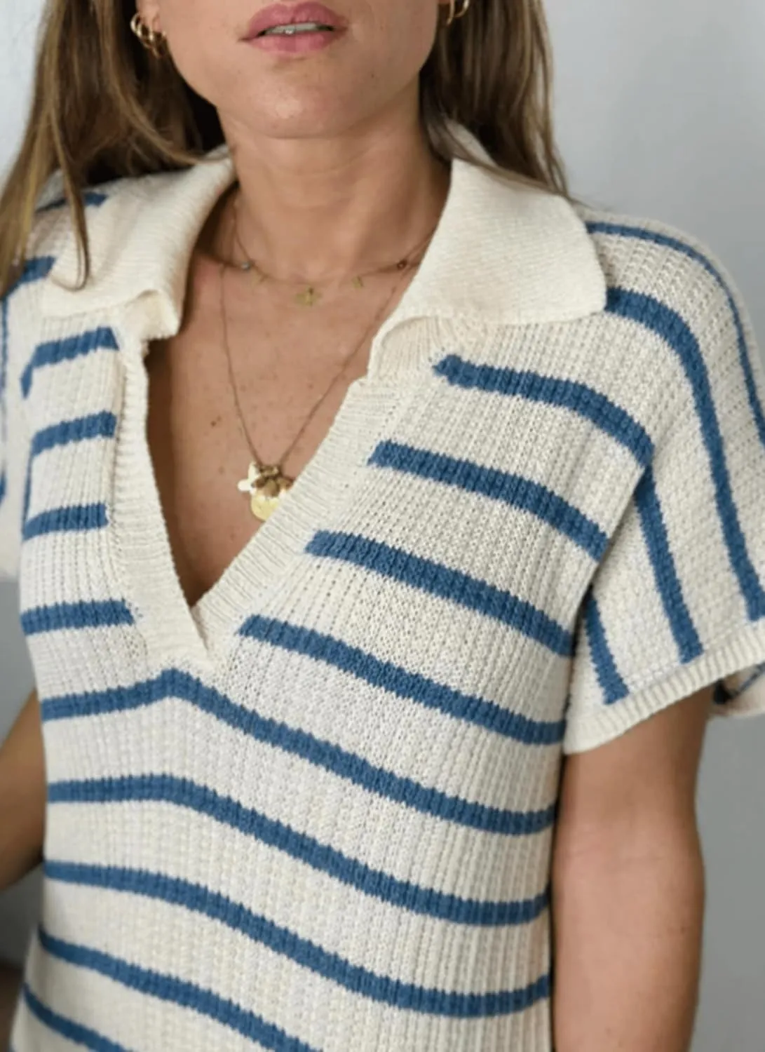 Womens Striped Dresses Short Sleeve V Neck Knit Collared Sexy Slit Loose Maxi Summer Sweater Dress Vacation