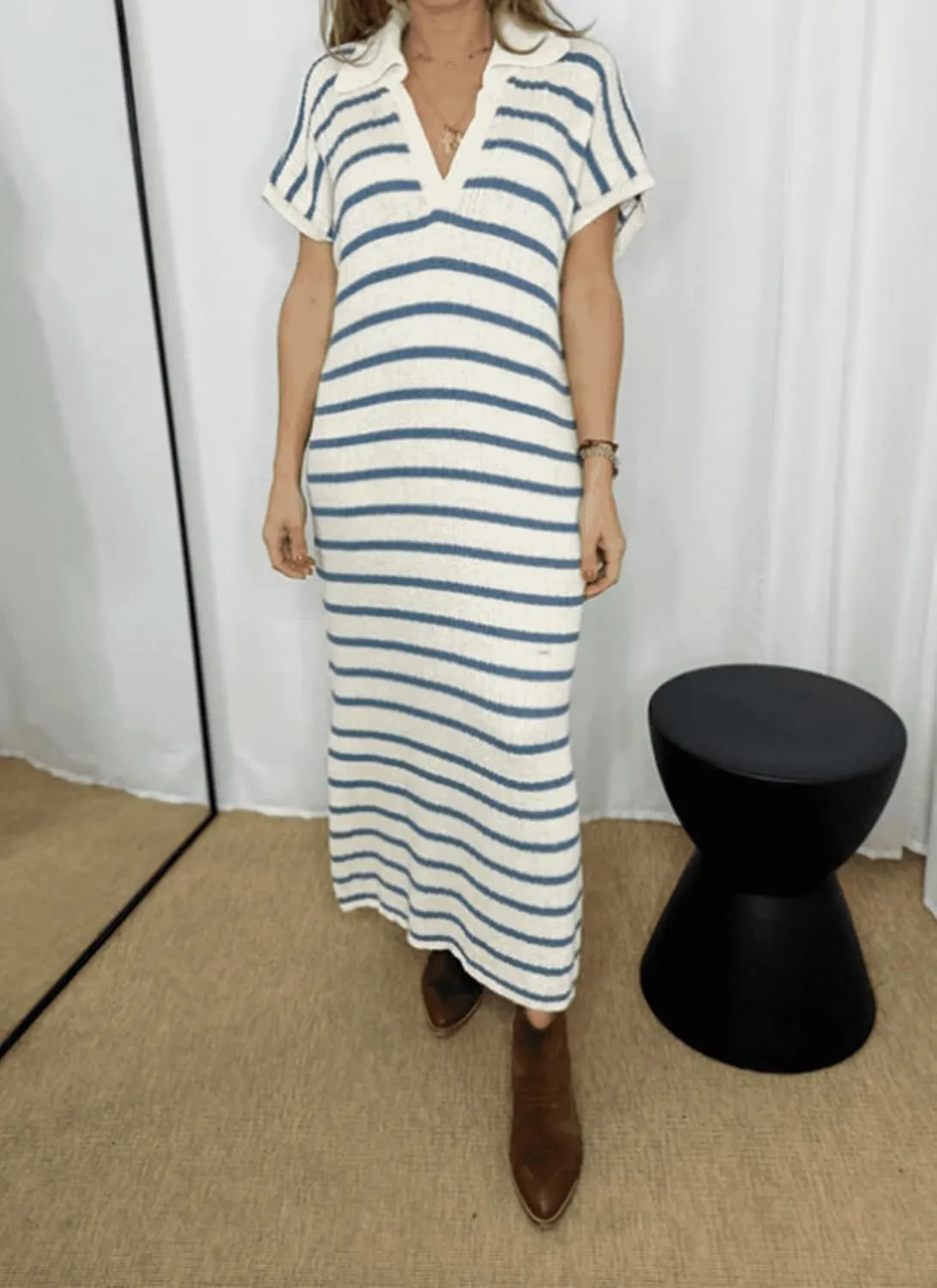 Womens Striped Dresses Short Sleeve V Neck Knit Collared Sexy Slit Loose Maxi Summer Sweater Dress Vacation