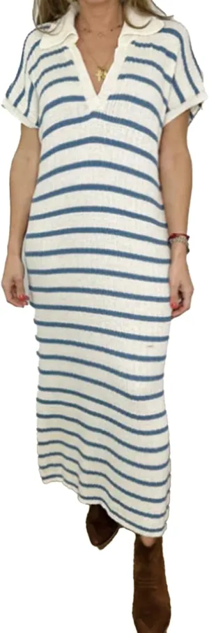 Womens Striped Dresses Short Sleeve V Neck Knit Collared Sexy Slit Loose Maxi Summer Sweater Dress Vacation